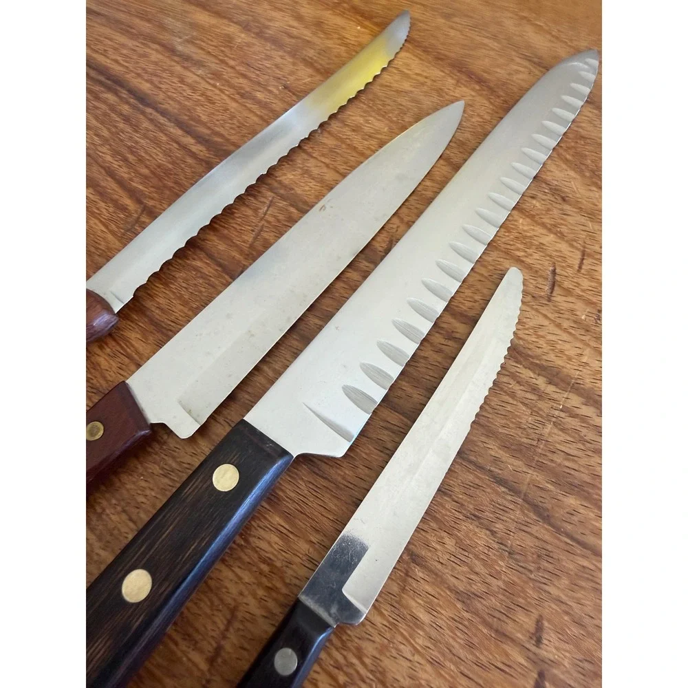 Vintage Ekco Flint Eterna Knife 4pc Stainless Wood Handle USA Slicer Serrated